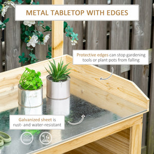 Wooden potting table with galvanized metal top
