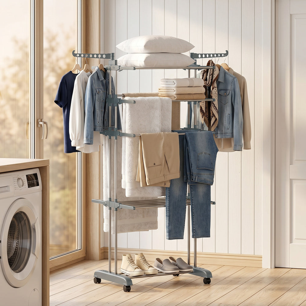 5-tier foldable clothes drying rack on wheels, grey