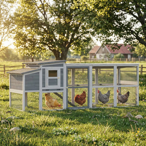 Large wooden chicken coop with covered run, nesting box, removable tray, and asphalt roof