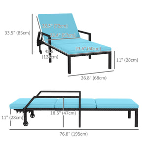 2 PE rattan outdoor lounge chairs with adjustable backrest and 2 wheels, sky blue