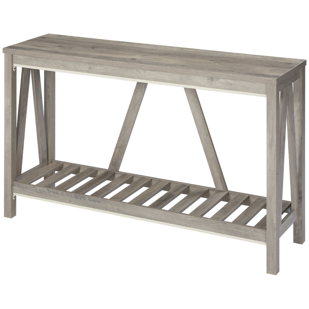 Rustic style entryway table with storage shelf, distressed gray