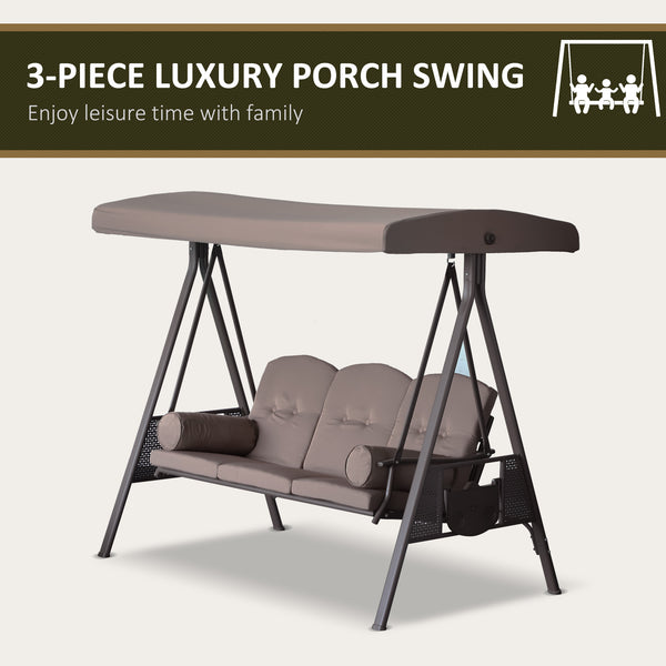 3 Seater Porch Swing Heavy Duty Outdoor Swing Chair Outdoor Lounge Hammock Cushioned Seat W/ Tilt Canopy, Brown
