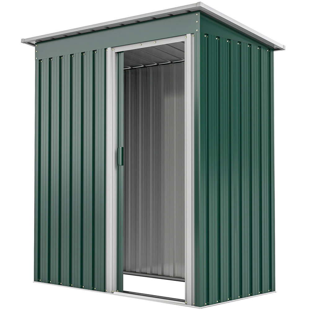 Garden shed with sliding door and sloping roof, steel frame, green