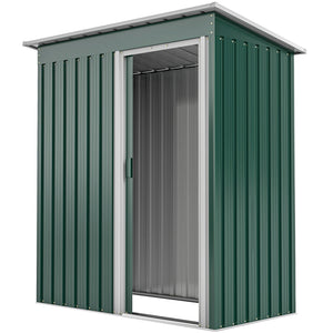 Garden shed with sliding door and sloping roof, steel frame, green