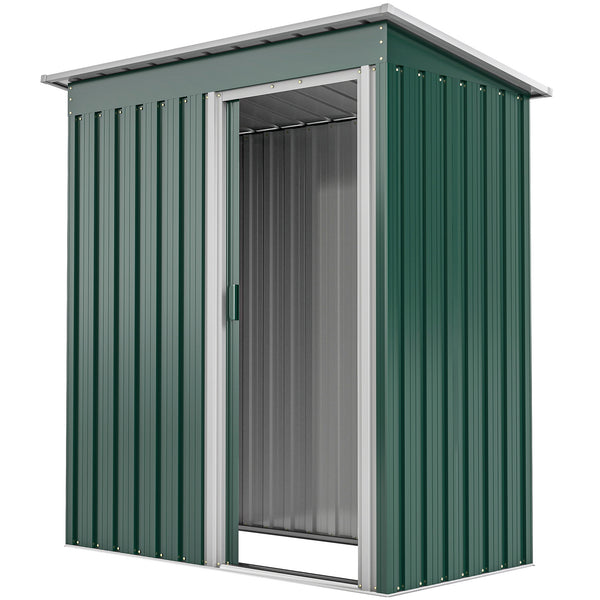 Garden shed with sliding door and sloping roof, steel frame, green