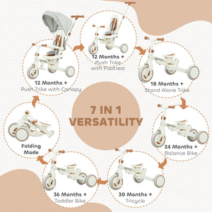 7 in 1 Tricycle with Safety Harness, Adjustable and Removable Parental Handle, Cream White