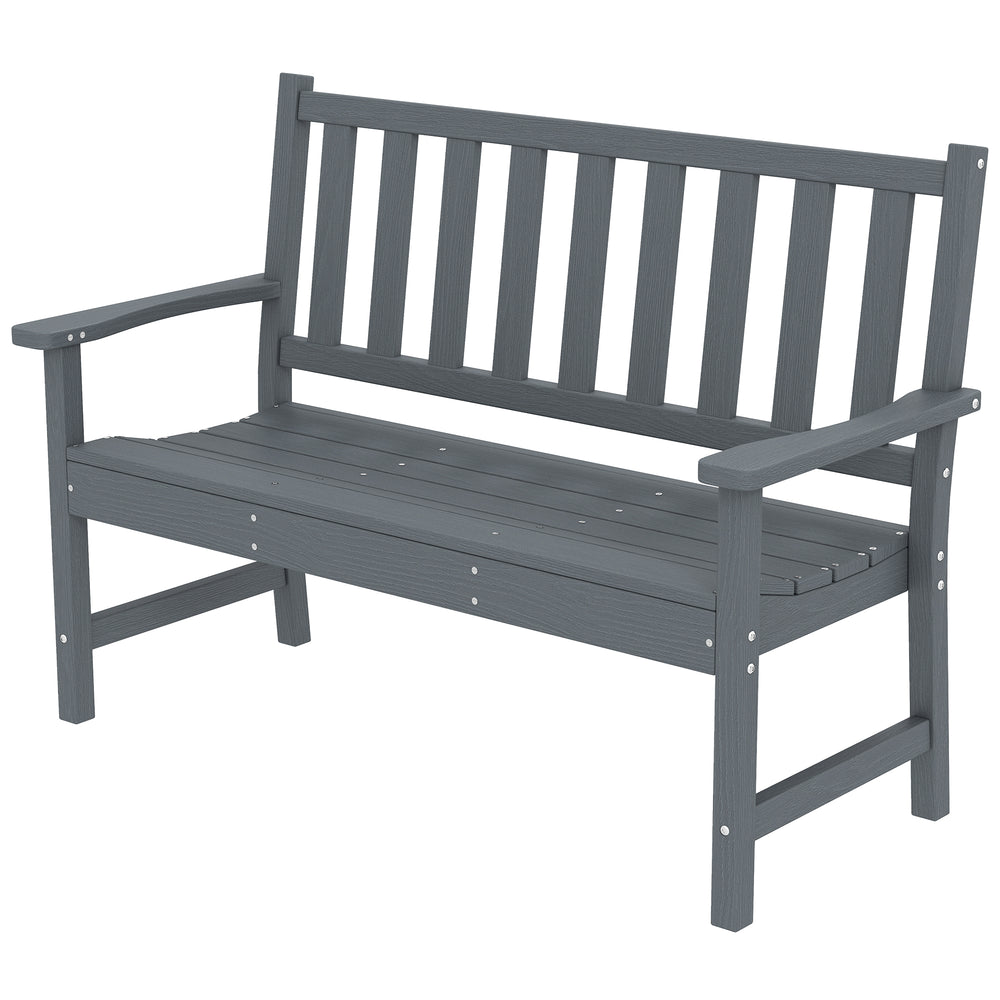 Weather-resistant outdoor bench made of HDPE, slatted seat for 2 people