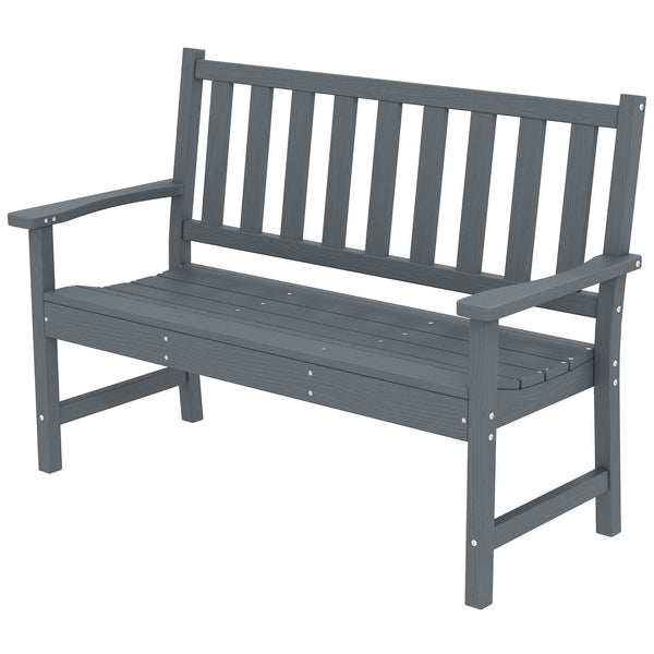 Weather-resistant outdoor bench made of HDPE, slatted seat for 2 people