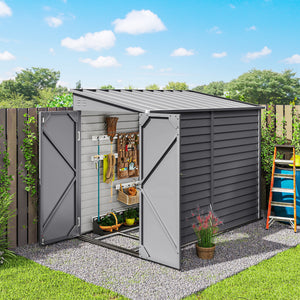 Lean-to steel garden shed with foundation kit, lockable doors, grey 
