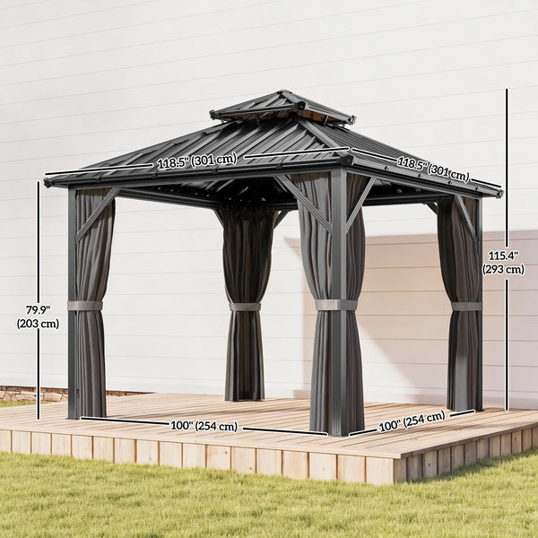 10' x 10' rigid roof gazebo with double galvanized steel roof, aluminum frame, dark grey