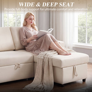 Convertible sectional sofa bed with reversible chaise and storage, cream
