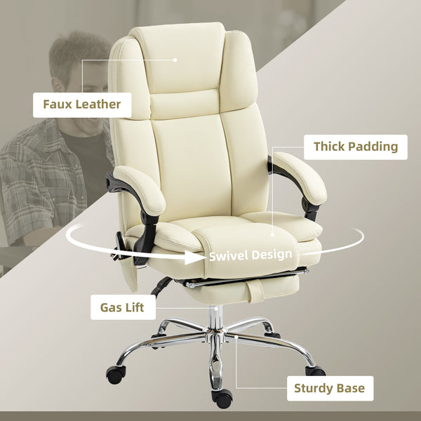 Reclining Massage Office Chair with 6-Point Vibration, Footrest and High Back, White