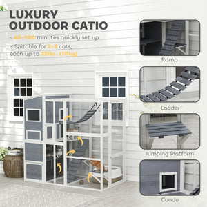 Cat enclosure with cat house, jumping platforms, ladder, ramps and hammock, grey