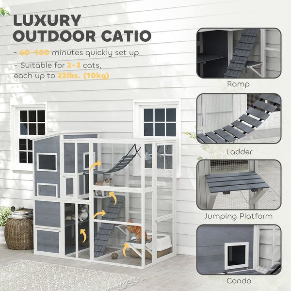 Cat enclosure with cat house, jumping platforms, ladder, ramps and hammock, grey