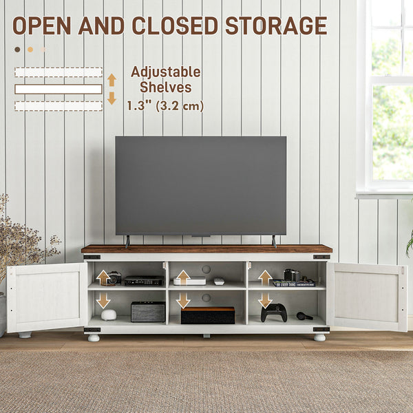 Farmhouse TV Stand for TVs up to 65 inches, with Barn Doors, Distressed White