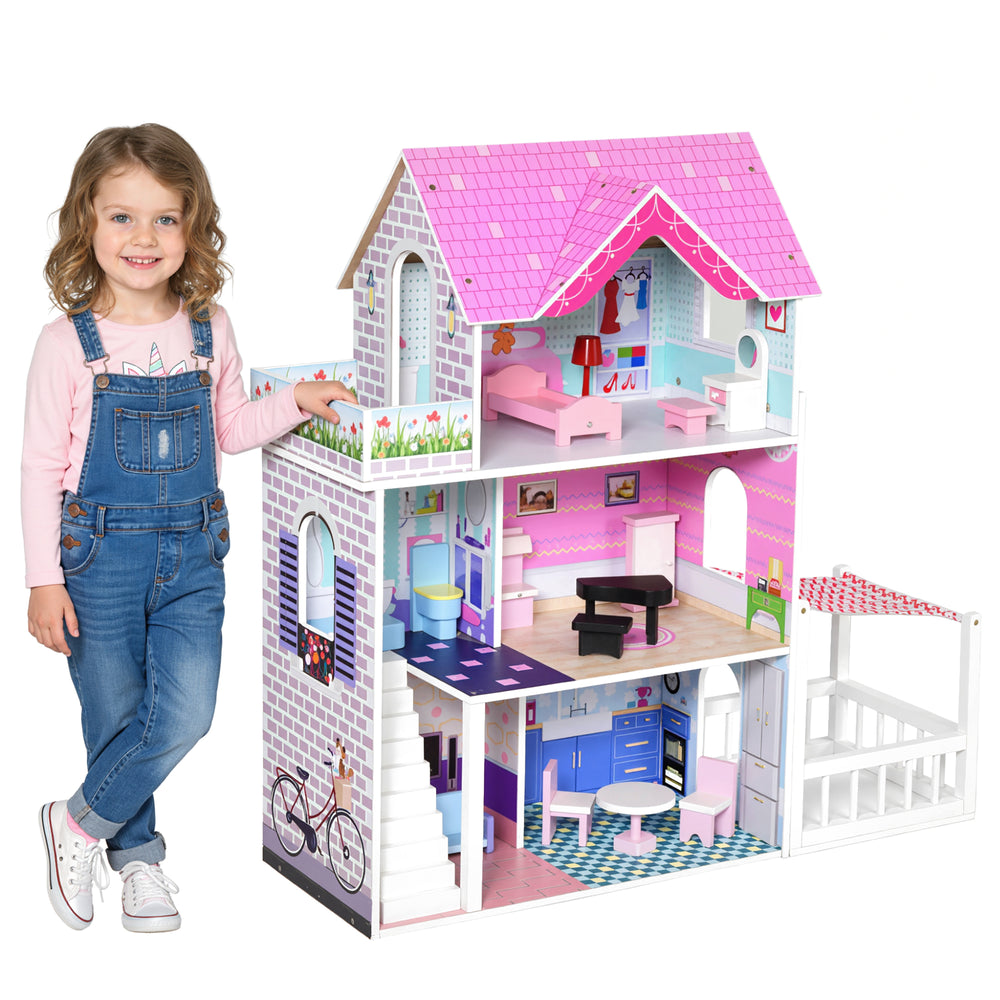 2.9ft Kids Wooden Dollhouse with Furniture, Pink