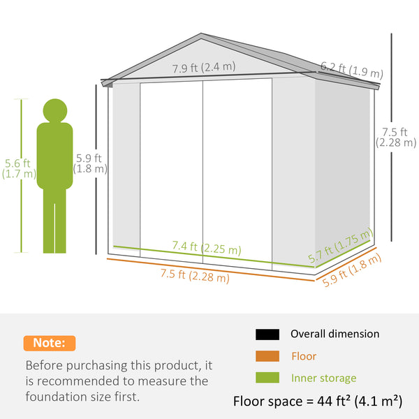 Plastic garden shed with latch door, ventilation, sloping roof, light grey