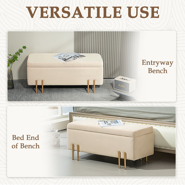 Folding Storage Ottoman Bench with Metal Legs, Beige
