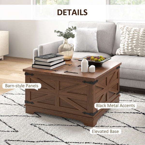 Square farmhouse style coffee table with hinged lids and hidden storage compartment, brown