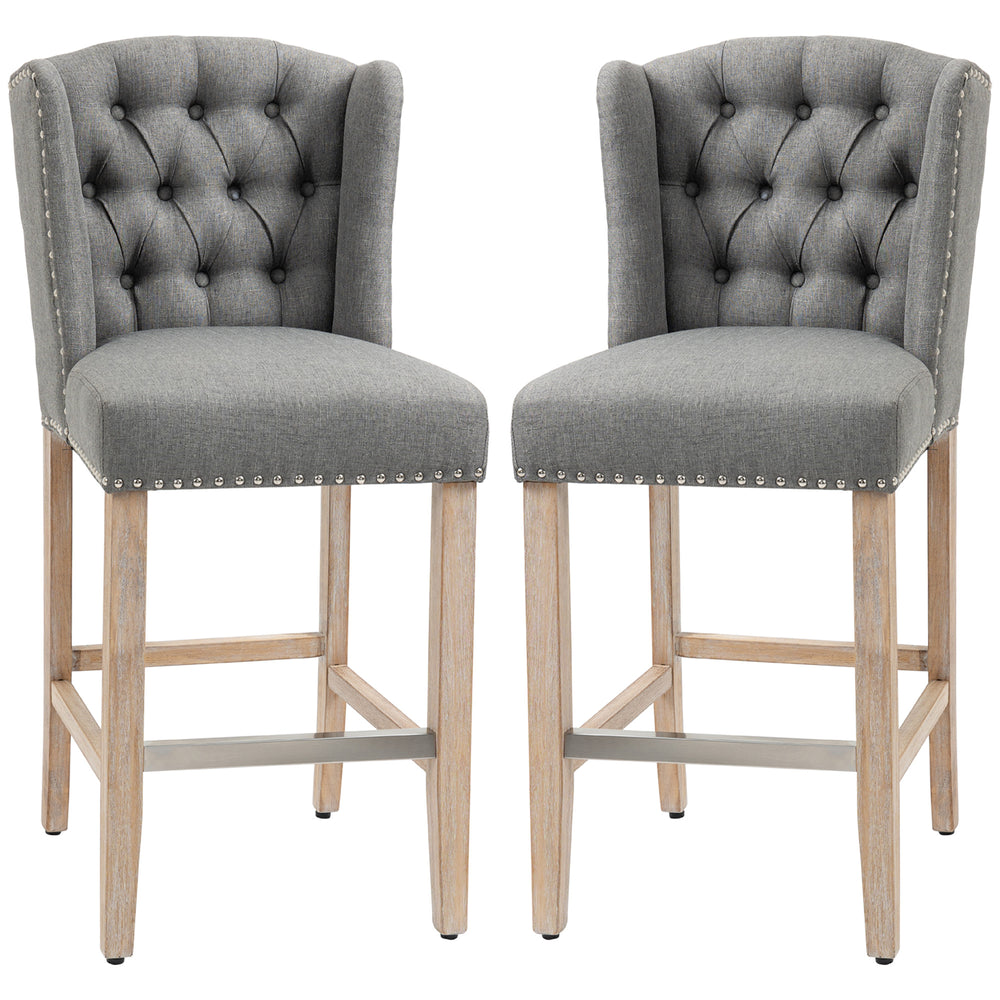 Set of 2 padded bar stools with studded backrest and footrest, grey