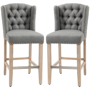 Set of 2 padded bar stools with studded backrest and footrest, grey
