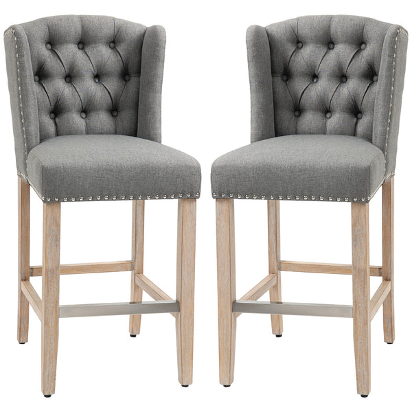 Set of 2 padded bar stools with studded backrest and footrest, grey