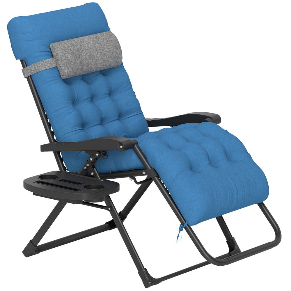 Padded Folding Recliner Chair with Cup Holder, Adjustable Backrest, Removable Cushion, Navy Blue