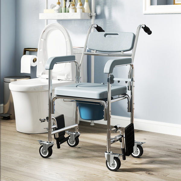 4-in-1 multifunctional commode and shower chair with wheels and footrest – Gray and silver