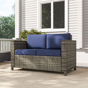 Two-seater outdoor sofa in woven resin, dark blue