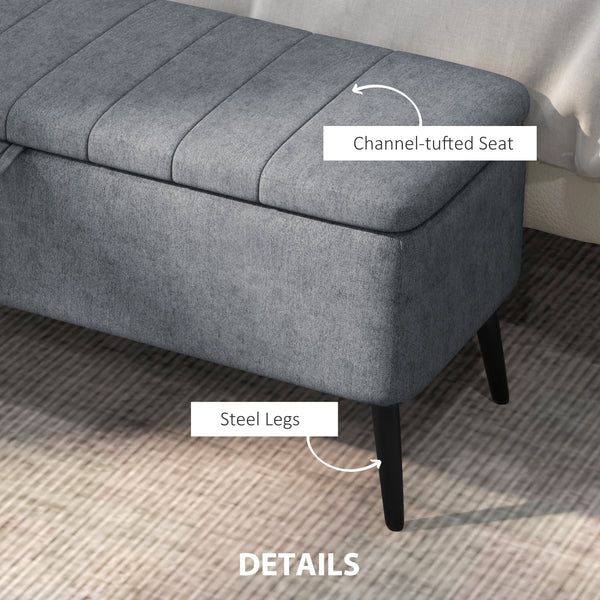 Linen Upholstered Storage Ottoman Bench with Steel Legs, Dark Grey