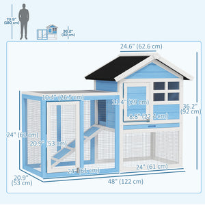 49" Wooden Hutch with Slanted Roof and Run, Light Blue