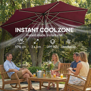 3m Cantilever Parasol with Solar LED Lighting, 360° Rotation, Tilt and Protective Cover, Burgundy