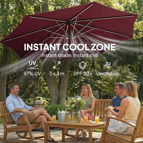 3m Cantilever Parasol with Solar LED Lighting, 360° Rotation, Tilt and Protective Cover, Burgundy