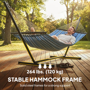 Hammock with sturdy steel frame stand for patio and garden, blue and white