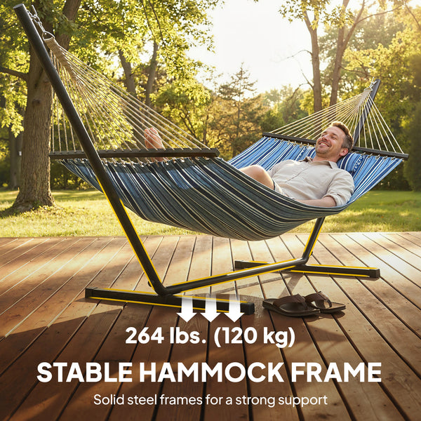Hammock with sturdy steel frame stand for patio and garden, blue and white