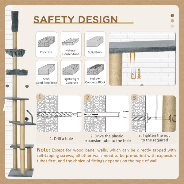 Cat tree, ceiling height 230 to 250 cm, with scratching post, hanging balls, platforms, bed and hammock, gray