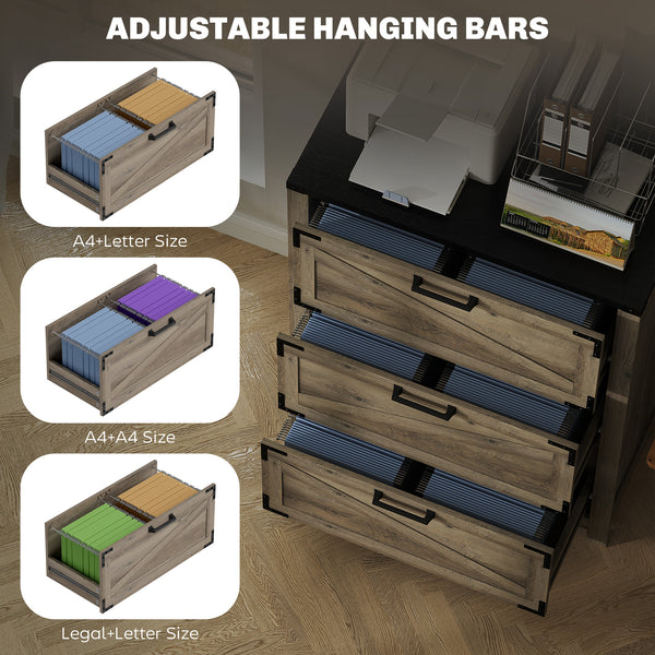Country Style 3 Drawer Filing Cabinet with Adjustable Hanging Bars for Letter, A4, Legal Size, Grey