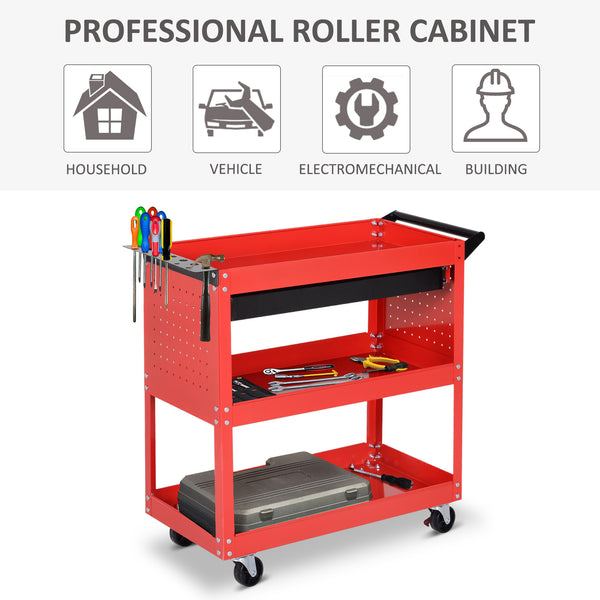 Utility trolley with ball-bearing drawer for garage, warehouse, workshop, red
