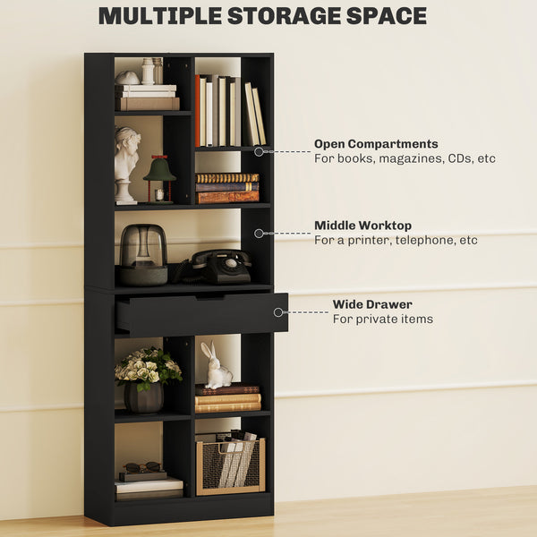 Tall bookcase with drawer, black