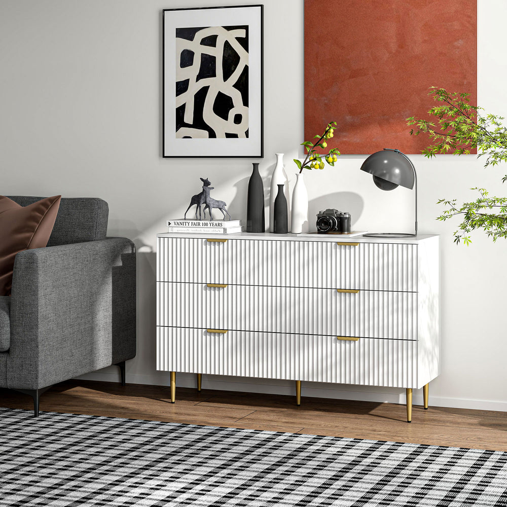 Modern 6 Drawer Bedroom Dresser with Gold Legs and Handles, White