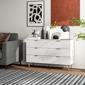 Modern 6 Drawer Bedroom Dresser with Gold Legs and Handles, White