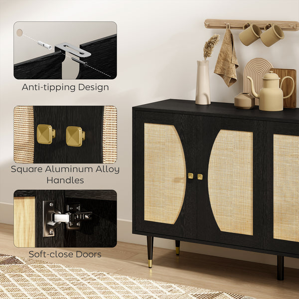 Bohemian storage sideboard with adjustable shelves, soft-close doors and rattan front, black