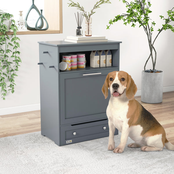 Grey food storage cabinet with elevated bowls