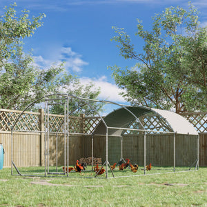 Large galvanized metal chicken coop with outdoor run
