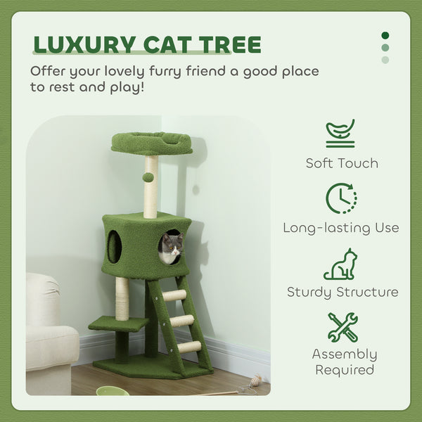 119cm high cat tree with niche, ladder, scratching posts and hanging ball, green