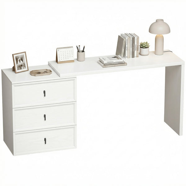 Convertible straight or L-shaped computer desk with 3 drawers and large workspace – White wood effect