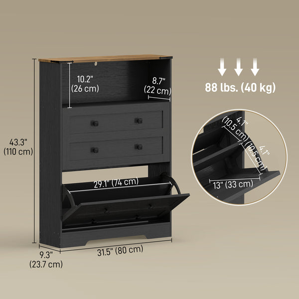 Shoe cabinet with 2 drop-down drawers, black