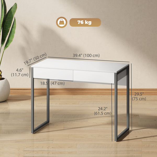 Glossy Computer Desk with 2 Drawers for Small Spaces, White and Grey