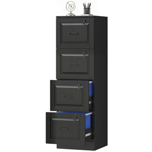 4-drawer vertical filing cabinet with lock, equipped with adjustable hanging rails for A4 and Letter sizes, black.
