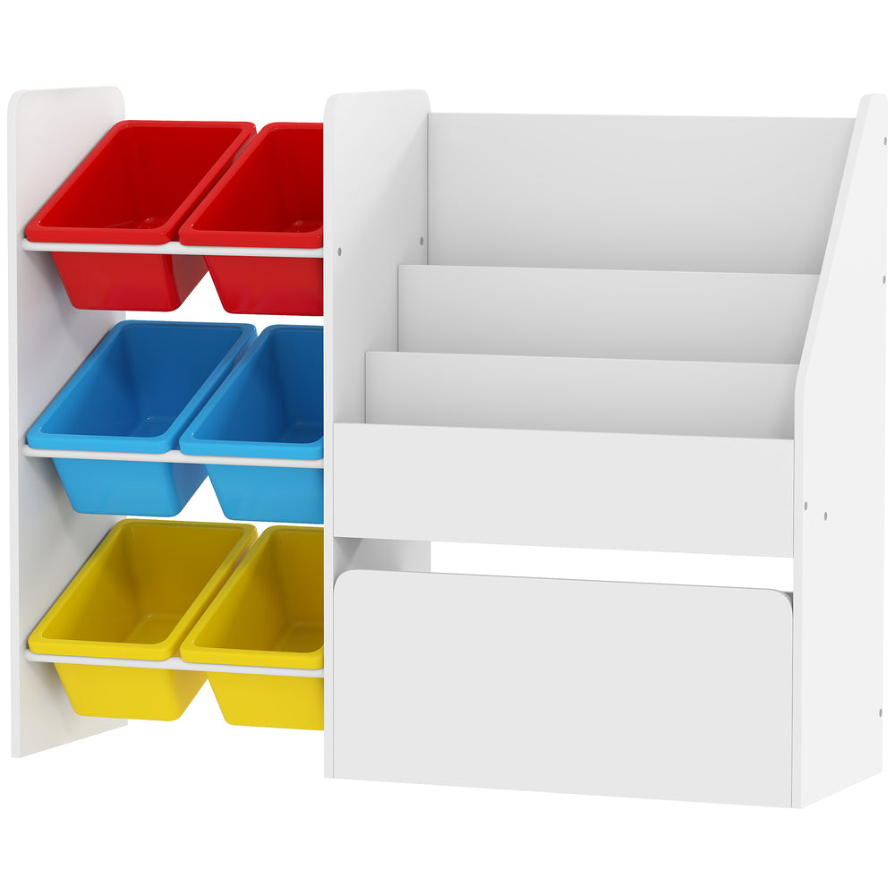 Toy storage unit with bookcase, 6 bins, and rolling toy box, white